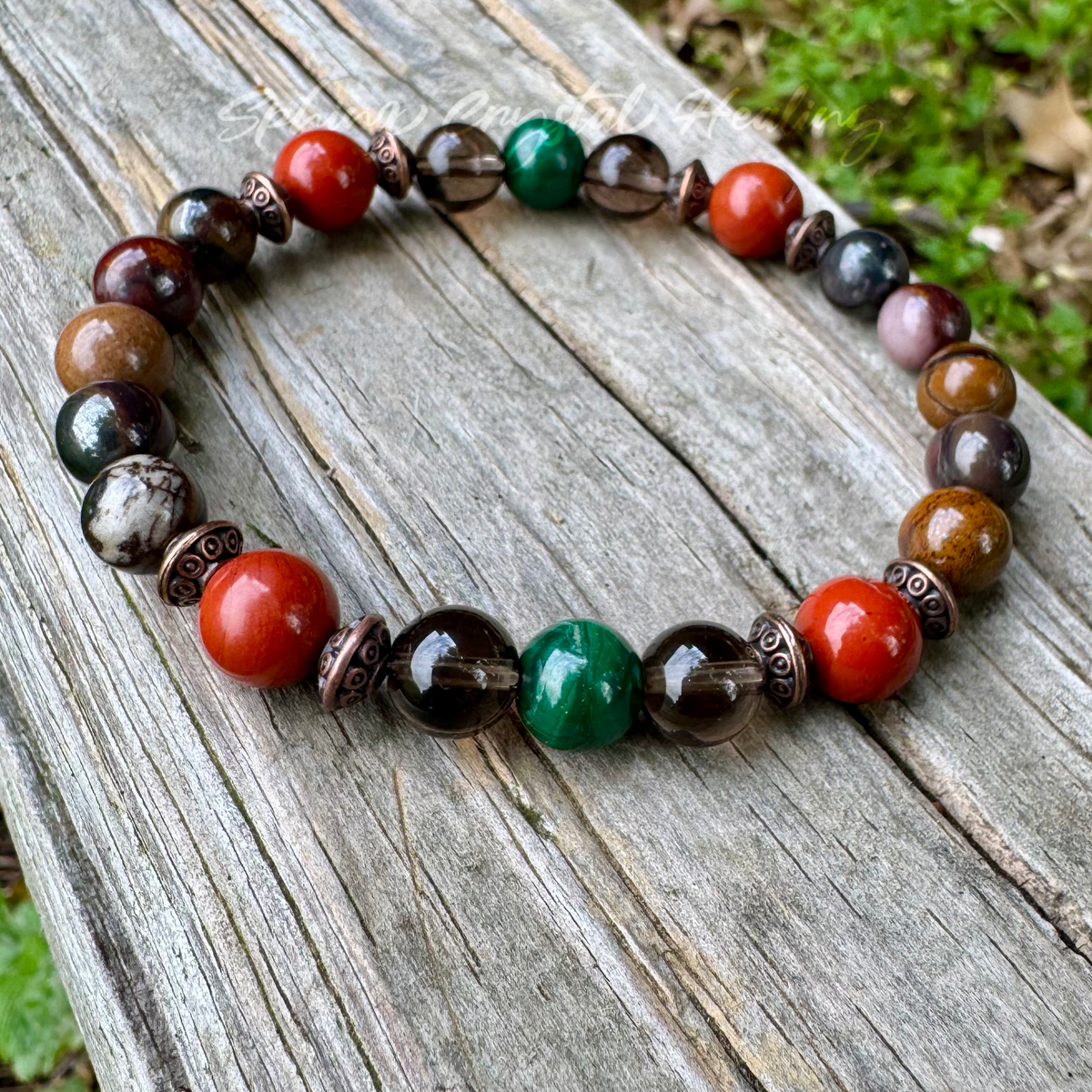 The Strength of Terra • Malachite, Red Jasper, Smoky Quartz & Tiger Iron Protection Bracelet