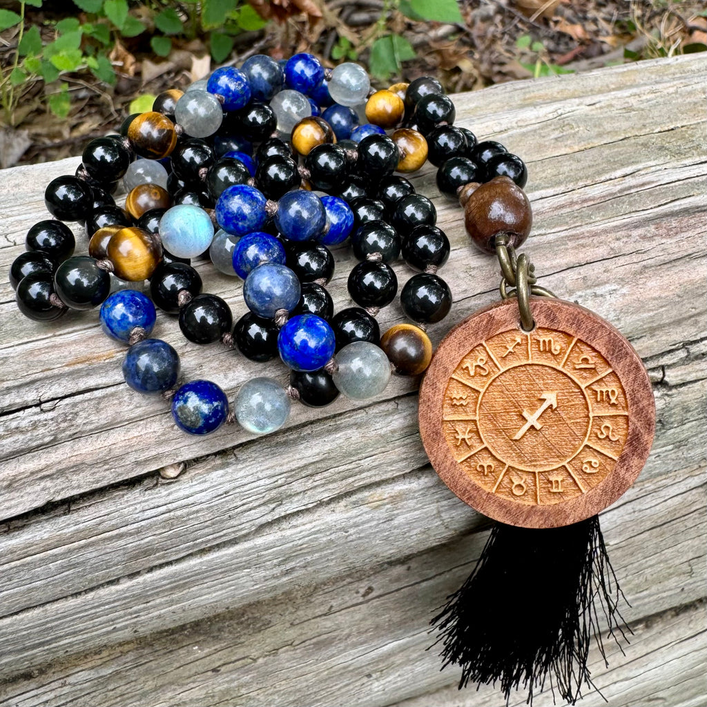 The Optimistic Sagittarius • Labradorite, Lapis & Tiger’s Eye Zodiac Mala Necklace
