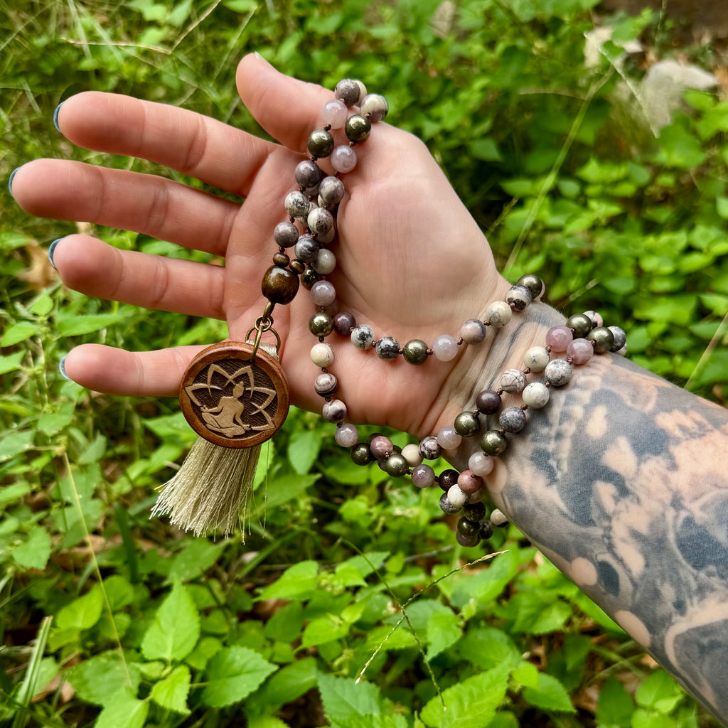The Four Noble Truths • Porcelain Jasper, Rose Quartz & Pyrite Buddhist Mala Necklace