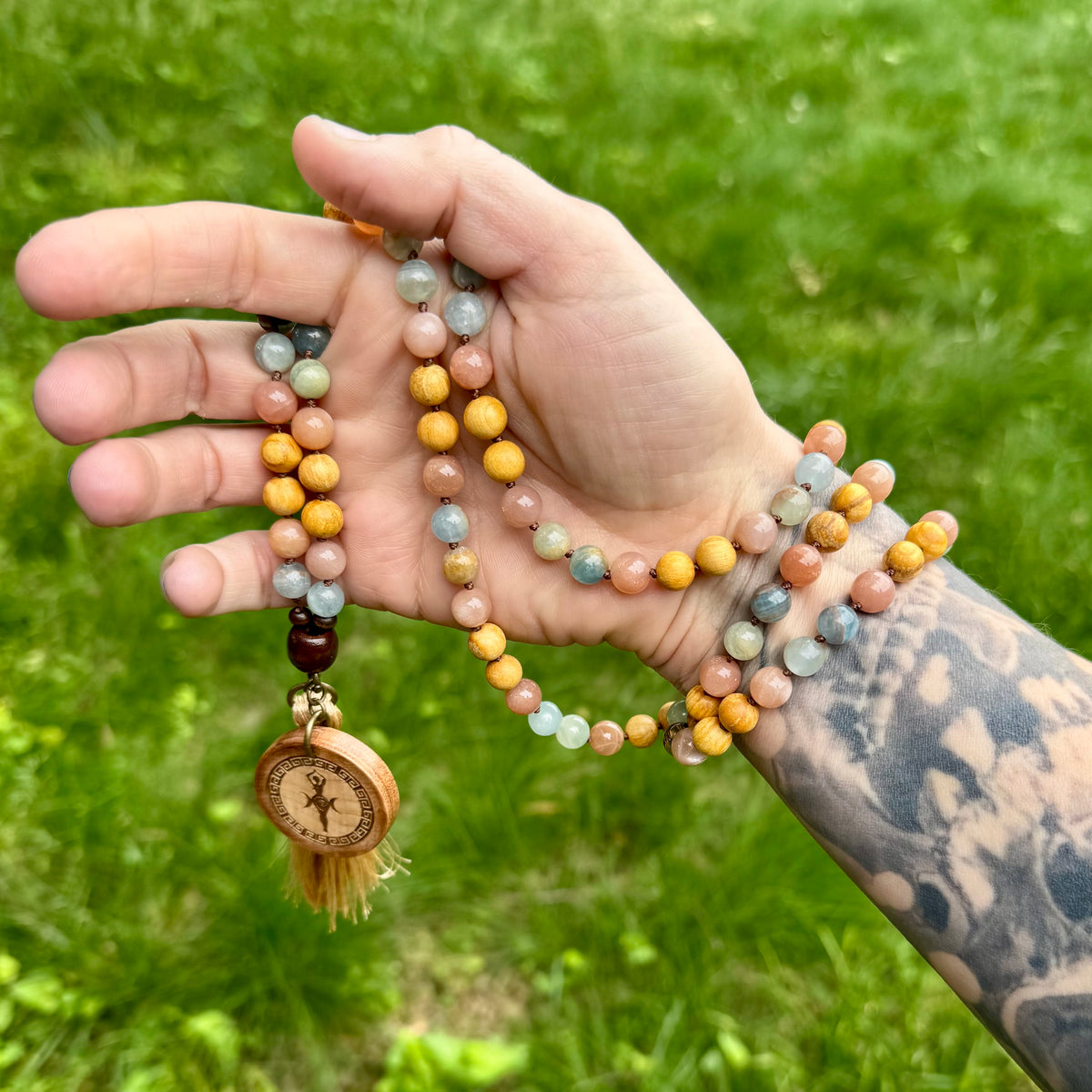 Goddess of the Ancient Sea • Lemurian Aquatine Calcite, Moonstone & Palo Santo Mala Necklace
