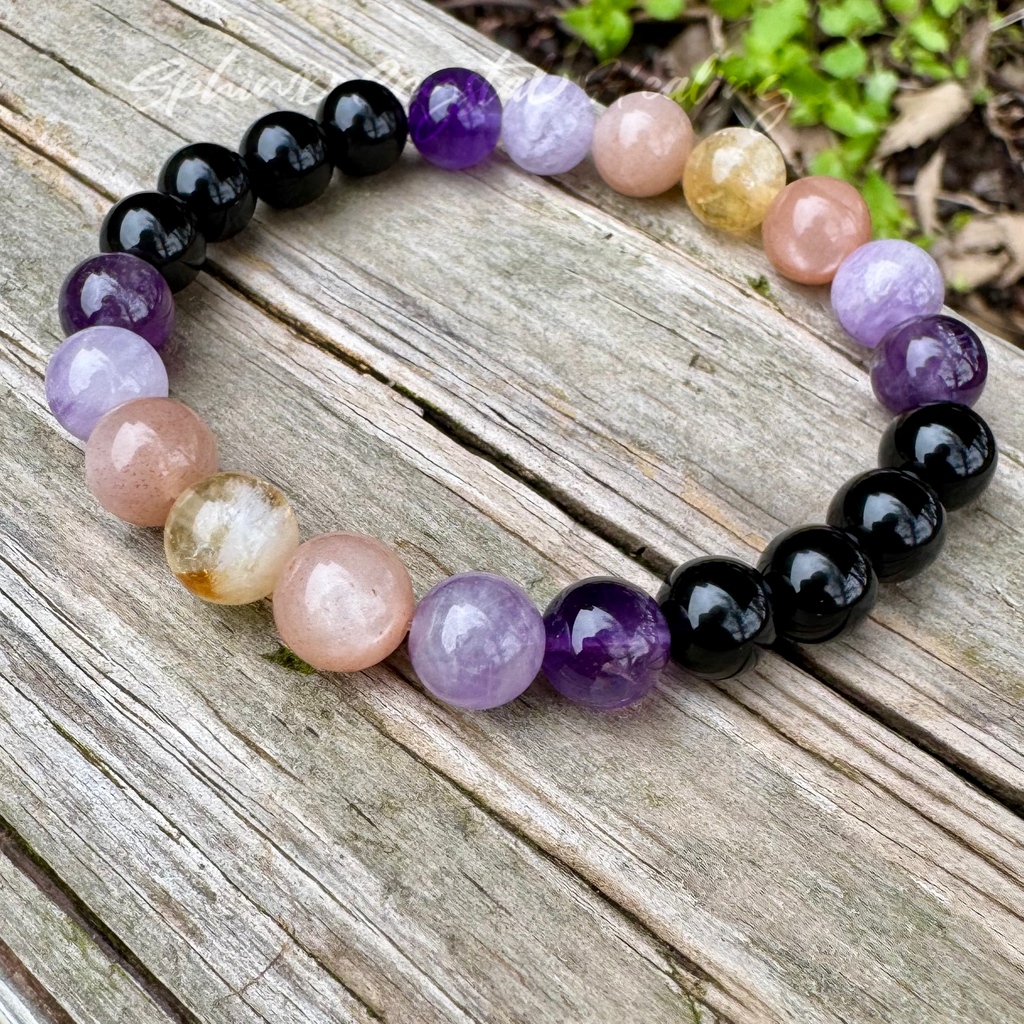 The Intuitive Cancer • Amethyst, Peach Moonstone & Black Tourmaline Zodiac Bracelet