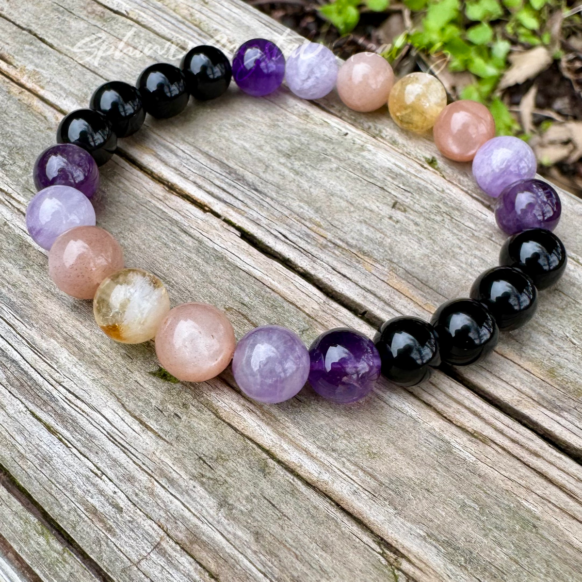 The Intuitive Cancer • Amethyst, Peach Moonstone & Black Tourmaline Zodiac Bracelet