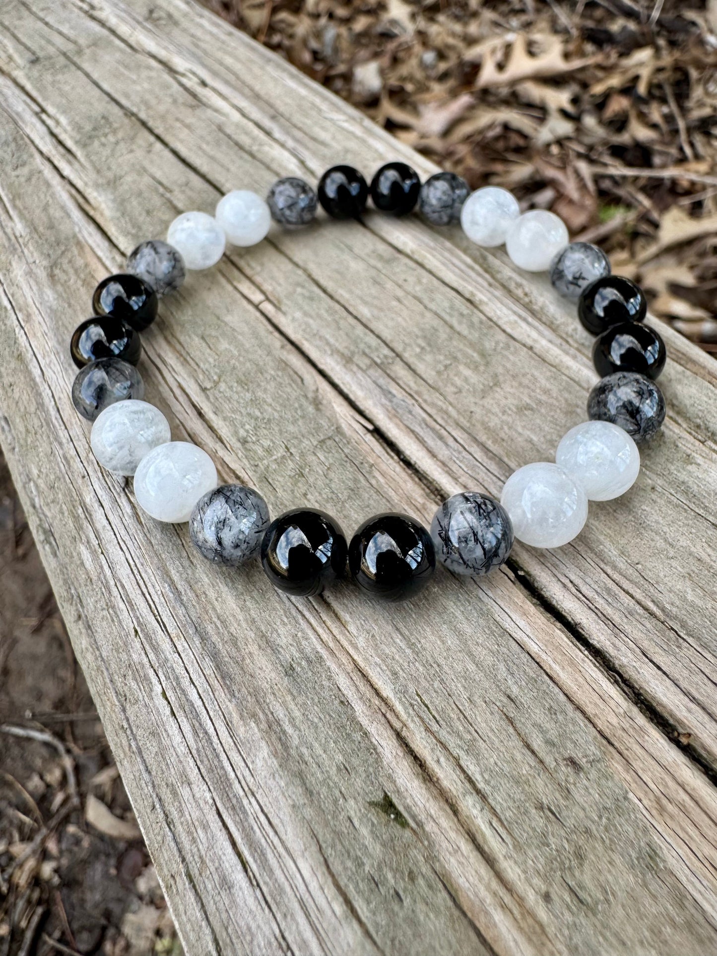 Spiritual Growth - Divine Feminine " Goddess Of The Moon " Empath - Lightworker - AAA Black Rutile - Tourmaline - Moonstone Crystal Bracelet