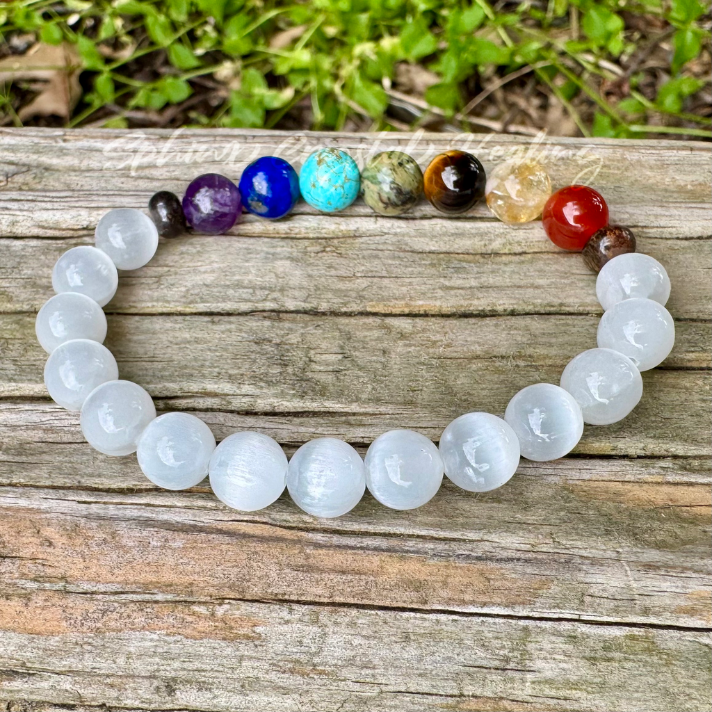 Chakra Alignment • Selenite, Bronzite & Seven Crystal Protection Bracelet