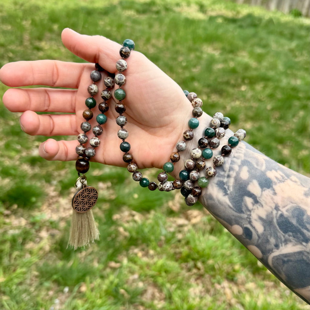 The Earth Living Totem • Jasper, Phlogopite & Moss Agate Mala Necklace