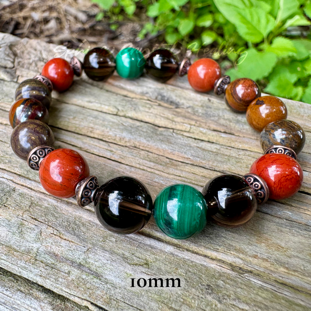 The Strength of Terra • Malachite, Red Jasper, Smoky Quartz & Tiger Iron Protection Bracelet