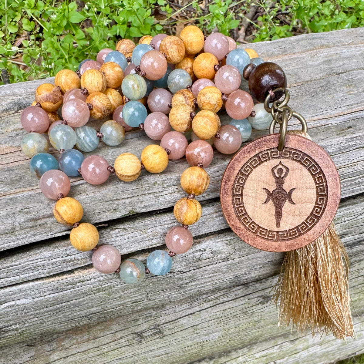Goddess of the Ancient Sea • Lemurian Aquatine Calcite, Moonstone & Palo Santo Mala Necklace