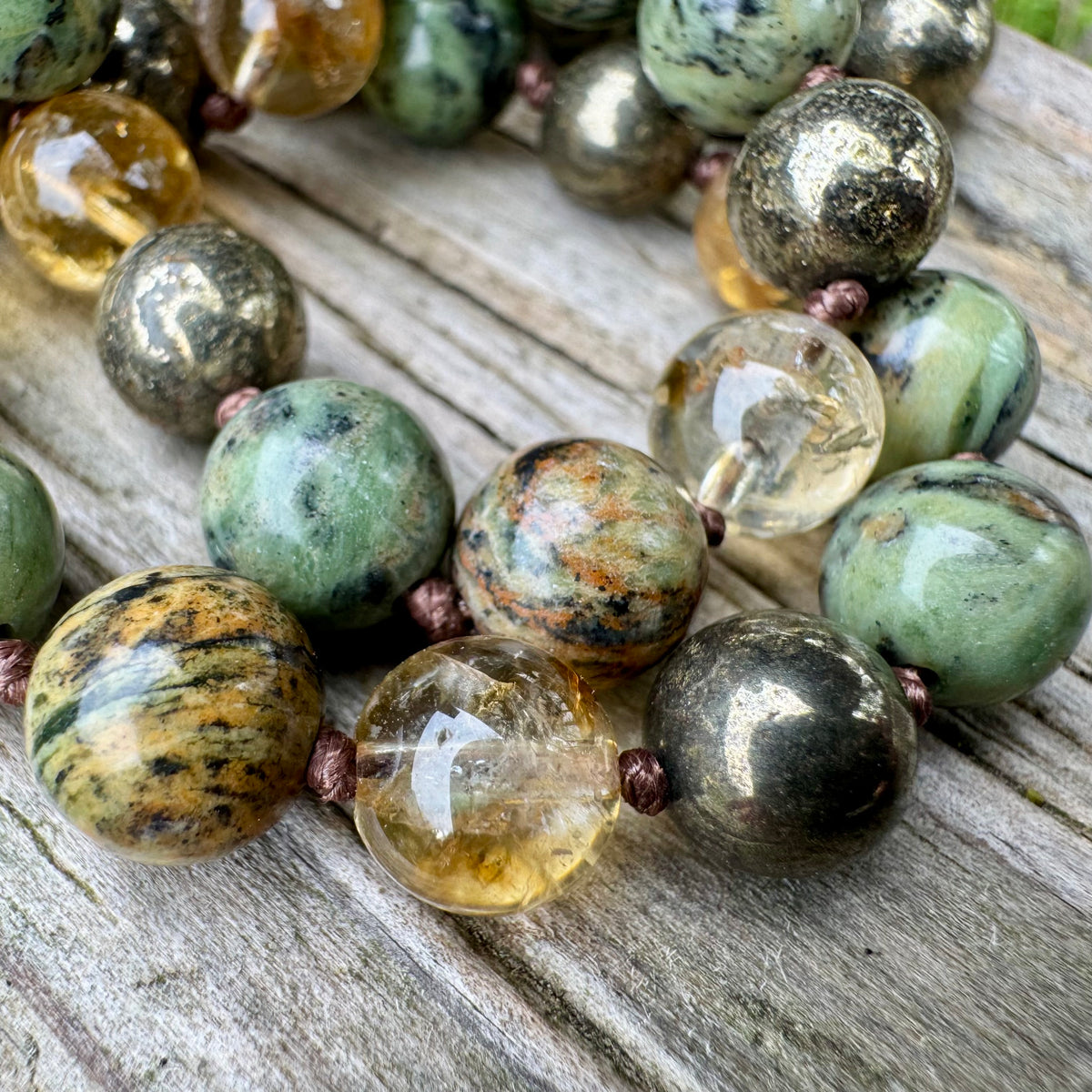 Seeds of Abundance • Citrine, Pyrite & Dendritic Jade Prosperity Mala Necklace