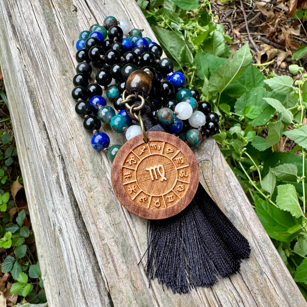 The Humble Virgo • Chrysocolla, Lapis, Moss Agate & Moonstone Virgo Mala Necklace