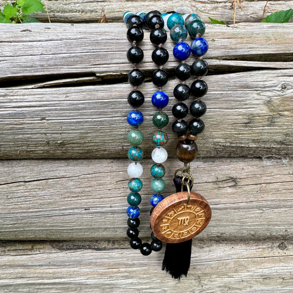 The Humble Virgo • Chrysocolla, Lapis, Moss Agate & Moonstone Virgo Mala Necklace