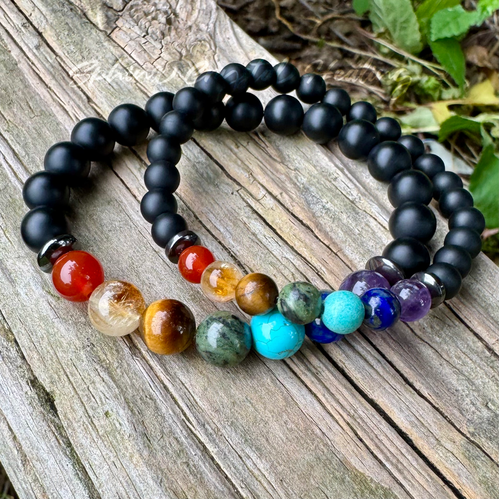 Chakra Protection & Grounding Bracelet • Black Onyx, Hematite & Seven Chakra Crystals