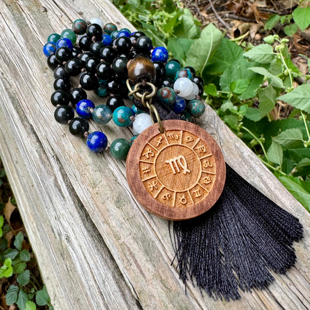 The Humble Virgo • Chrysocolla, Lapis, Moss Agate & Moonstone Virgo Mala Necklace