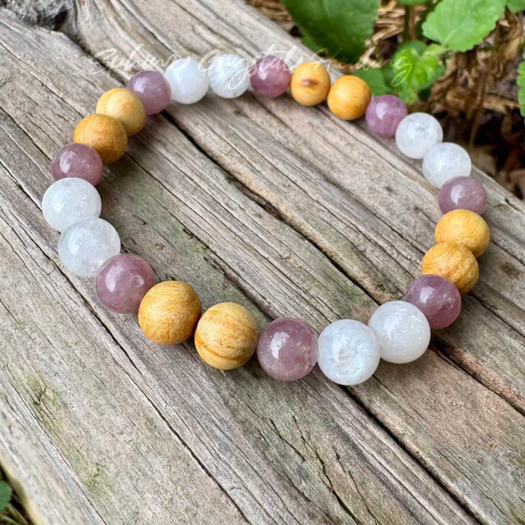 The Goddess of Love • Rose Quartz, Rainbow Moonstone & Palo Santo Self Love Bracelet