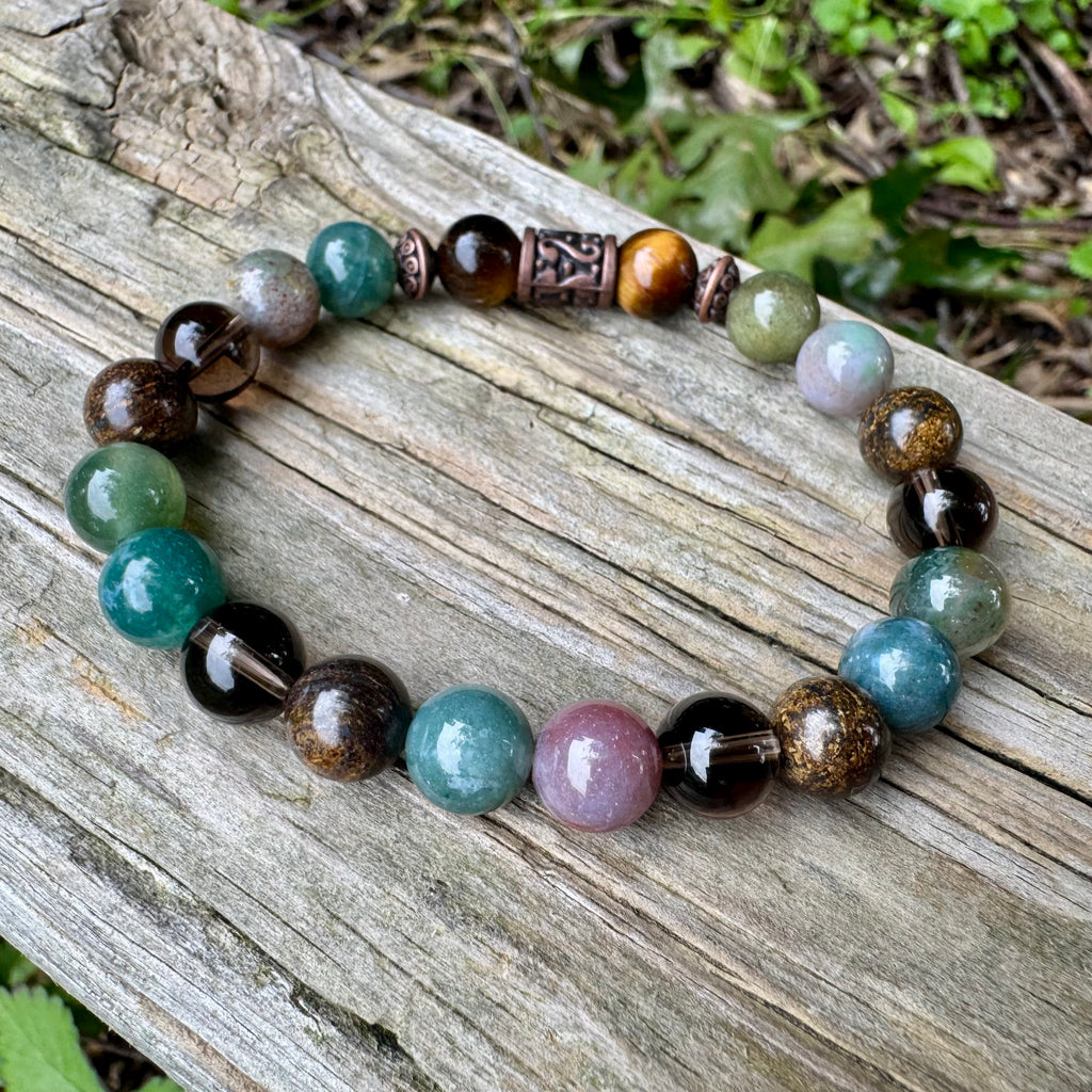 The Sagacious Mind • Indian Agate, Smoky Quartz, Bronzite & Tigers Eye Grounding Bracelet