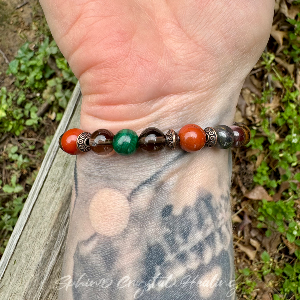 The Strength of Terra • Malachite, Red Jasper, Smoky Quartz & Tiger Iron Protection Bracelet
