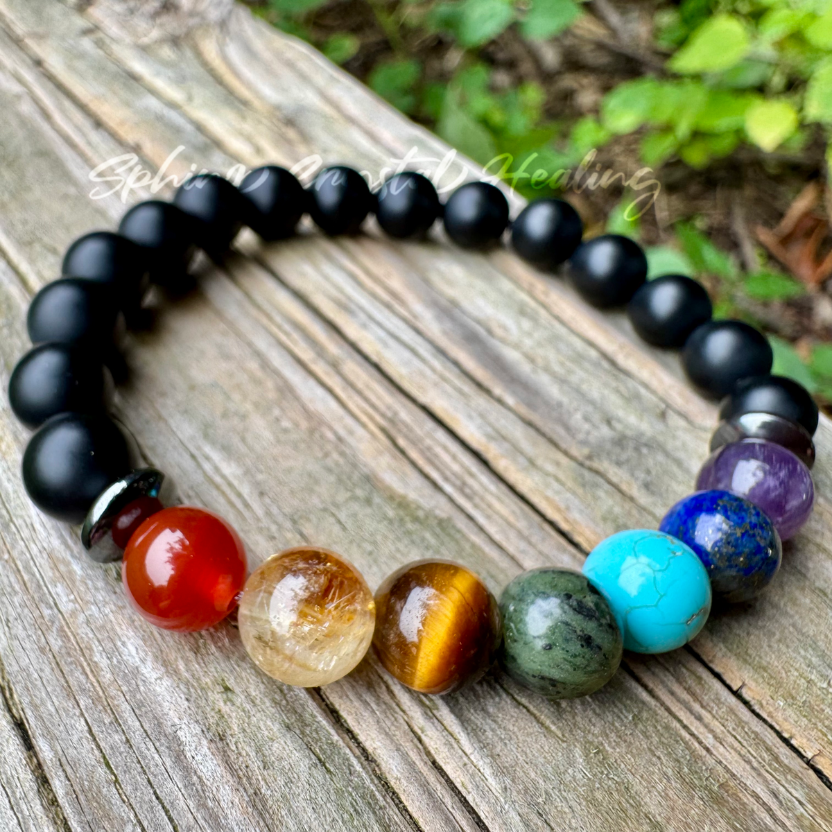 Chakra Protection & Grounding Bracelet • Black Onyx, Hematite & Seven Chakra Crystals