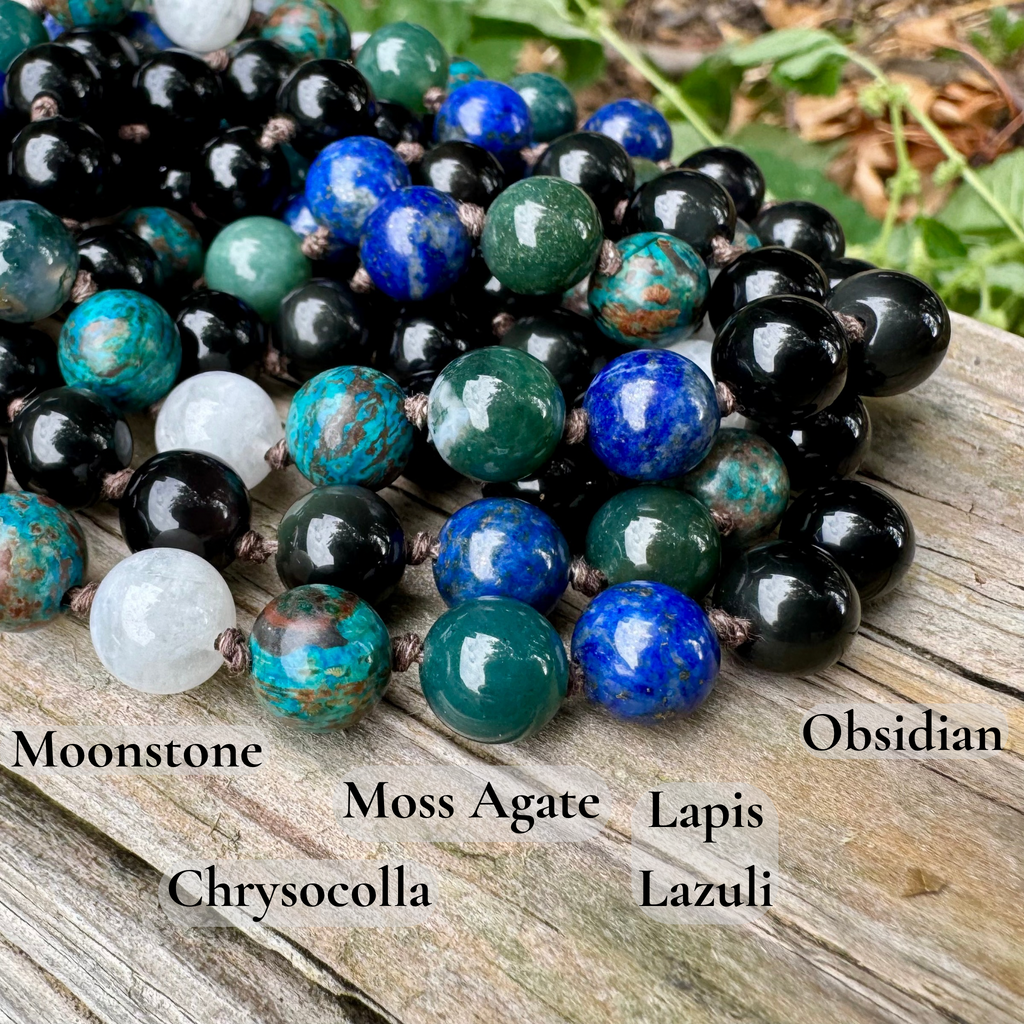 The Humble Virgo • Chrysocolla, Lapis, Moss Agate & Moonstone Virgo Mala Necklace