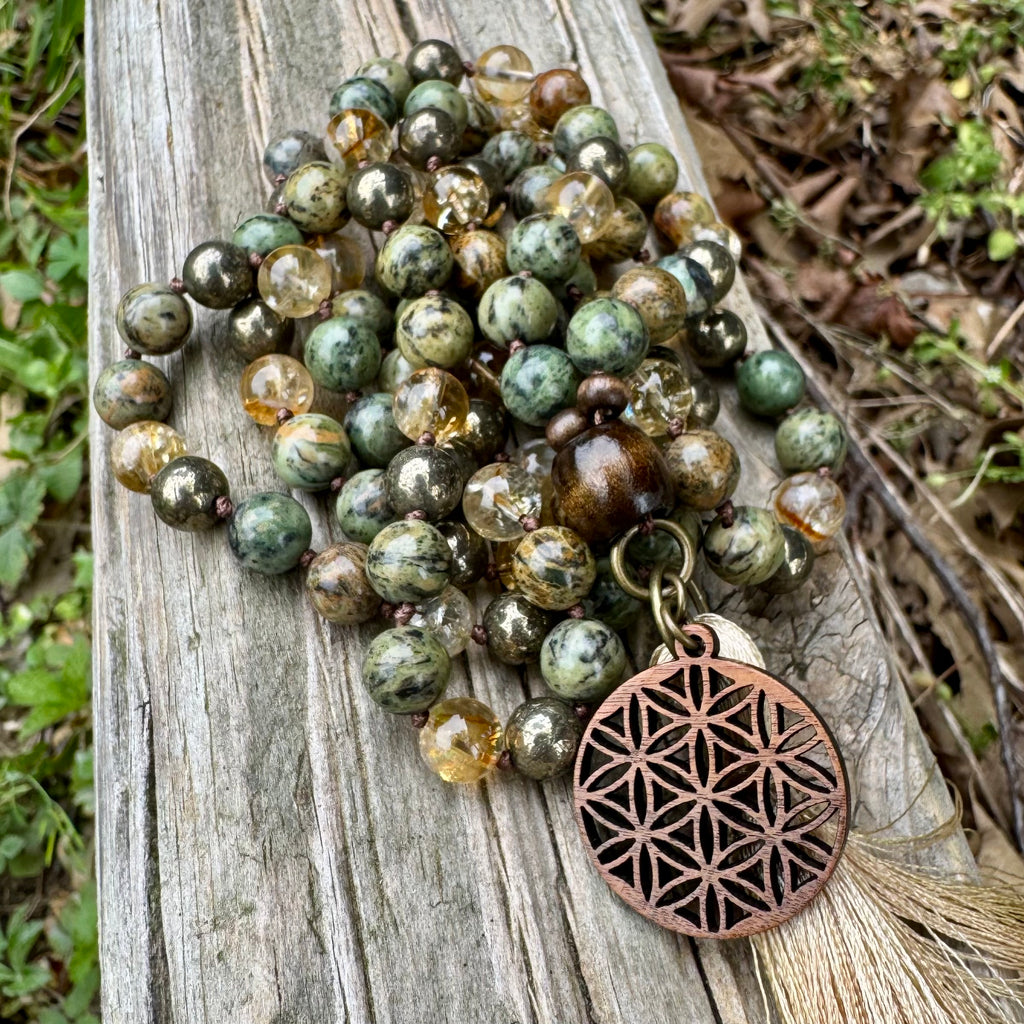 Seeds of Abundance • Citrine, Pyrite & Dendritic Jade Prosperity Mala Necklace