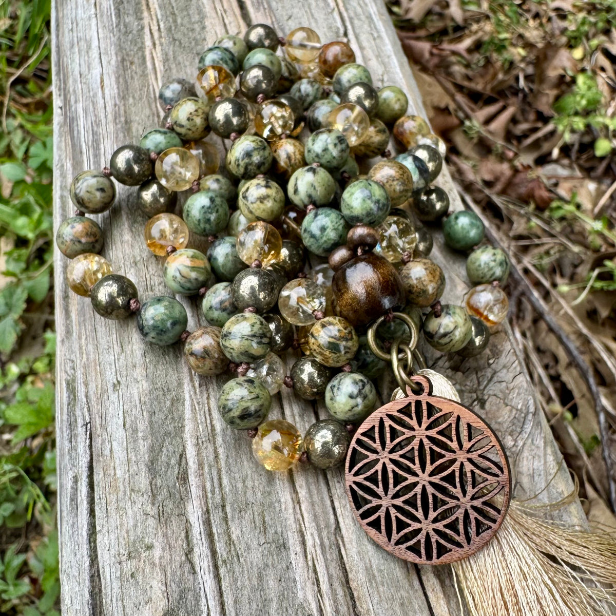 Seeds of Abundance • Citrine, Pyrite & Dendritic Jade Prosperity Mala Necklace