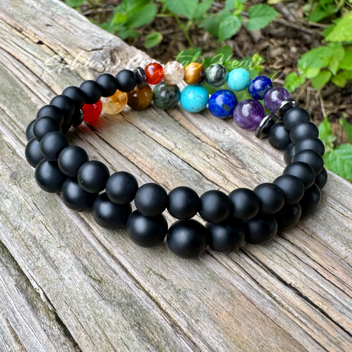 Chakra Protection & Grounding Bracelet • Black Onyx, Hematite & Seven Chakra Crystals