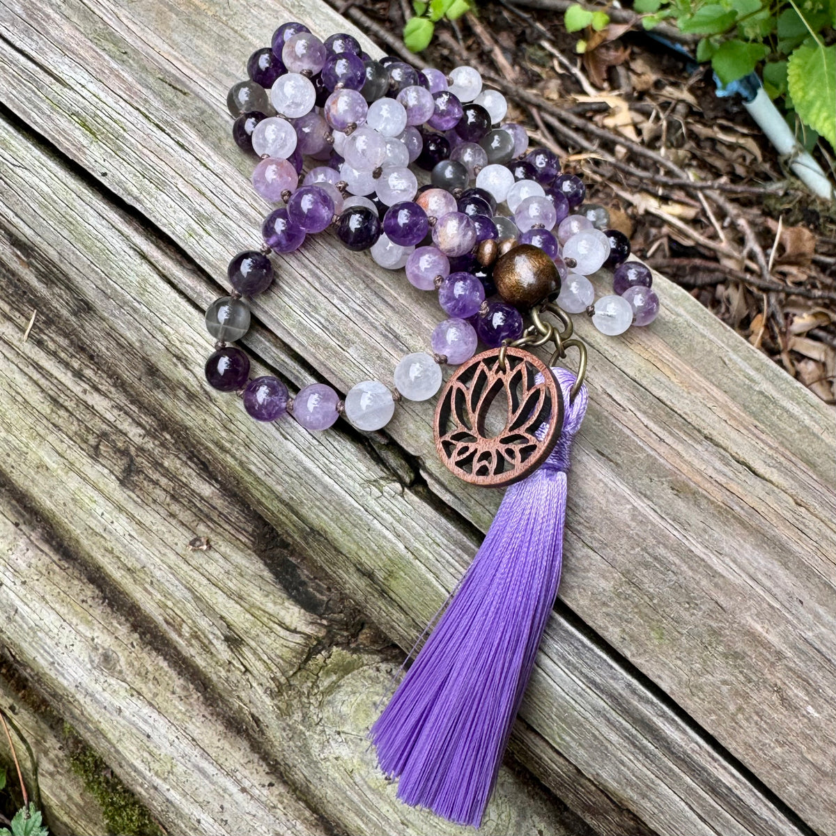 Lady of the Violet Flame • Amethyst, Black Moonstone & Hematite Spiritual Mala Necklace