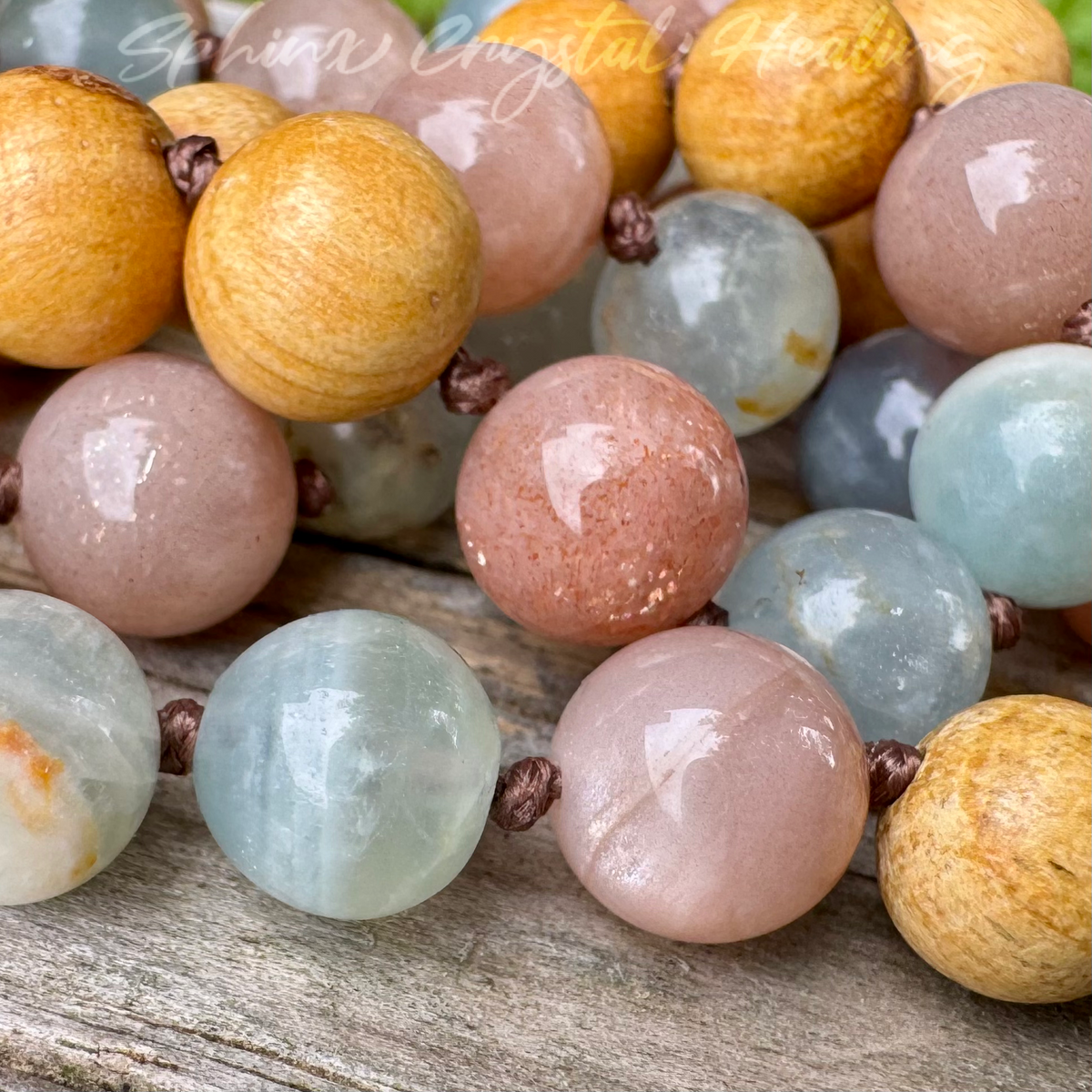 Goddess of the Ancient Sea • Lemurian Aquatine Calcite, Moonstone & Palo Santo Mala Necklace