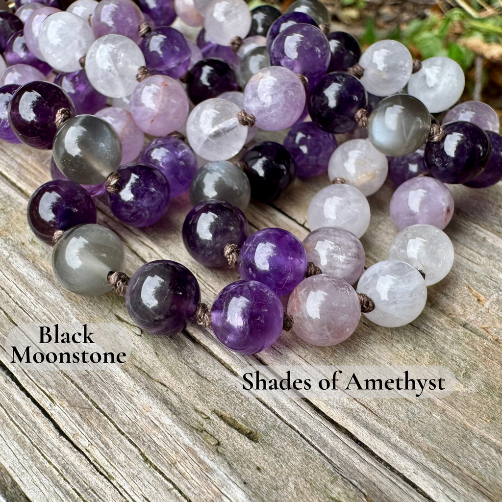 Lady of the Violet Flame • Amethyst, Black Moonstone & Hematite Spiritual Mala Necklace