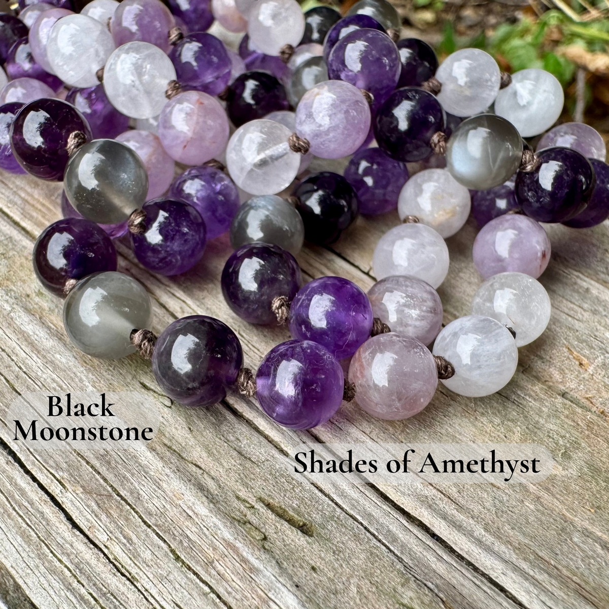 Lady of the Violet Flame • Amethyst, Black Moonstone & Hematite Spiritual Mala Necklace