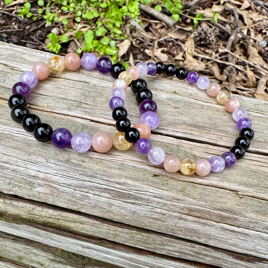 The Intuitive Cancer • Amethyst, Peach Moonstone & Black Tourmaline Zodiac Bracelet