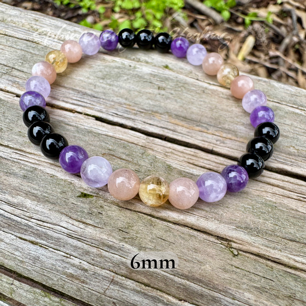 The Intuitive Cancer • Amethyst, Peach Moonstone & Black Tourmaline Zodiac Bracelet