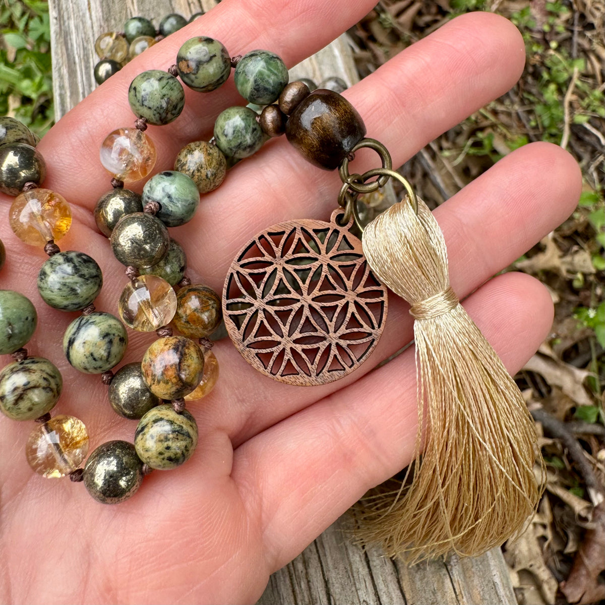 Seeds of Abundance • Citrine, Pyrite & Dendritic Jade Prosperity Mala Necklace