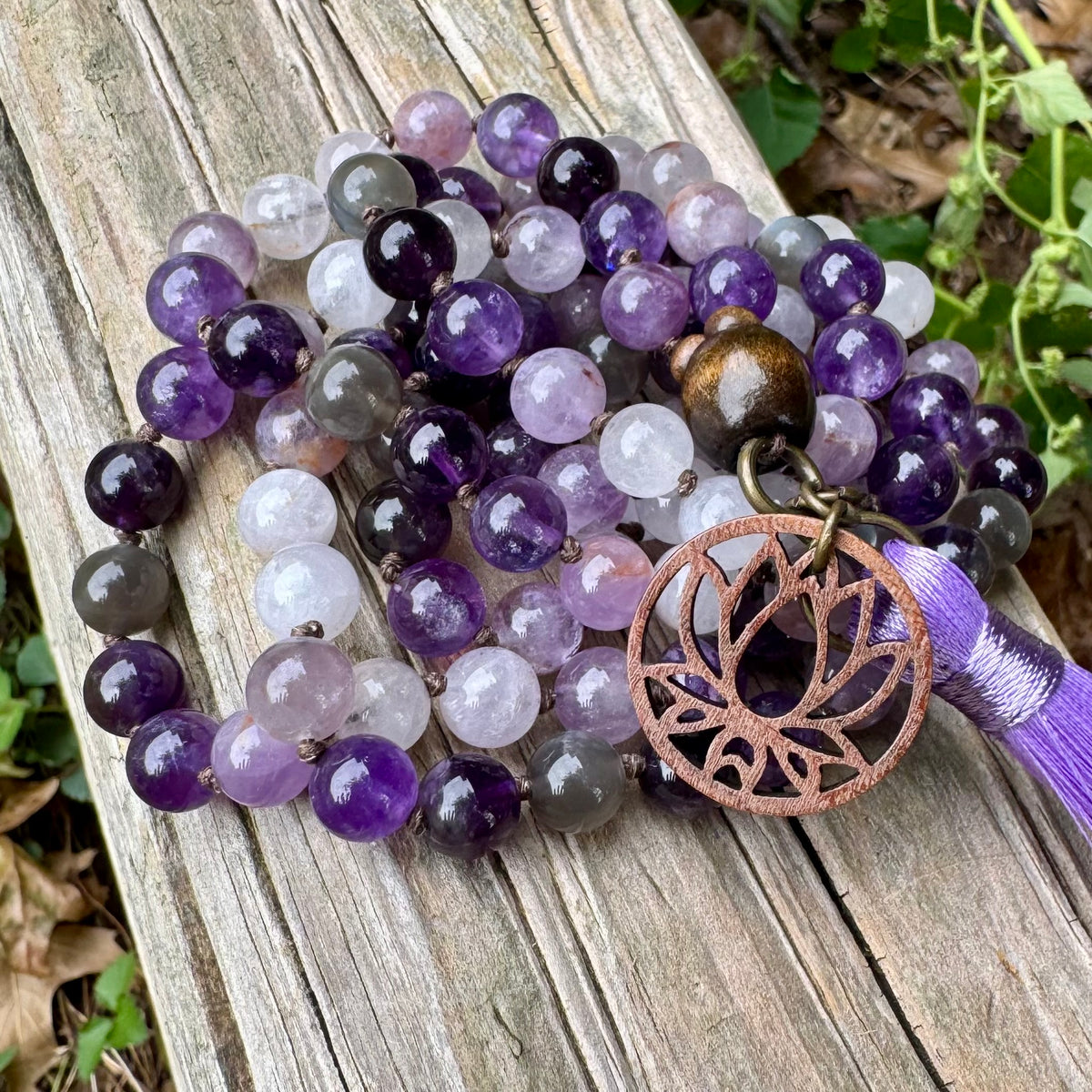 Lady of the Violet Flame • Amethyst, Black Moonstone & Hematite Spiritual Mala Necklace