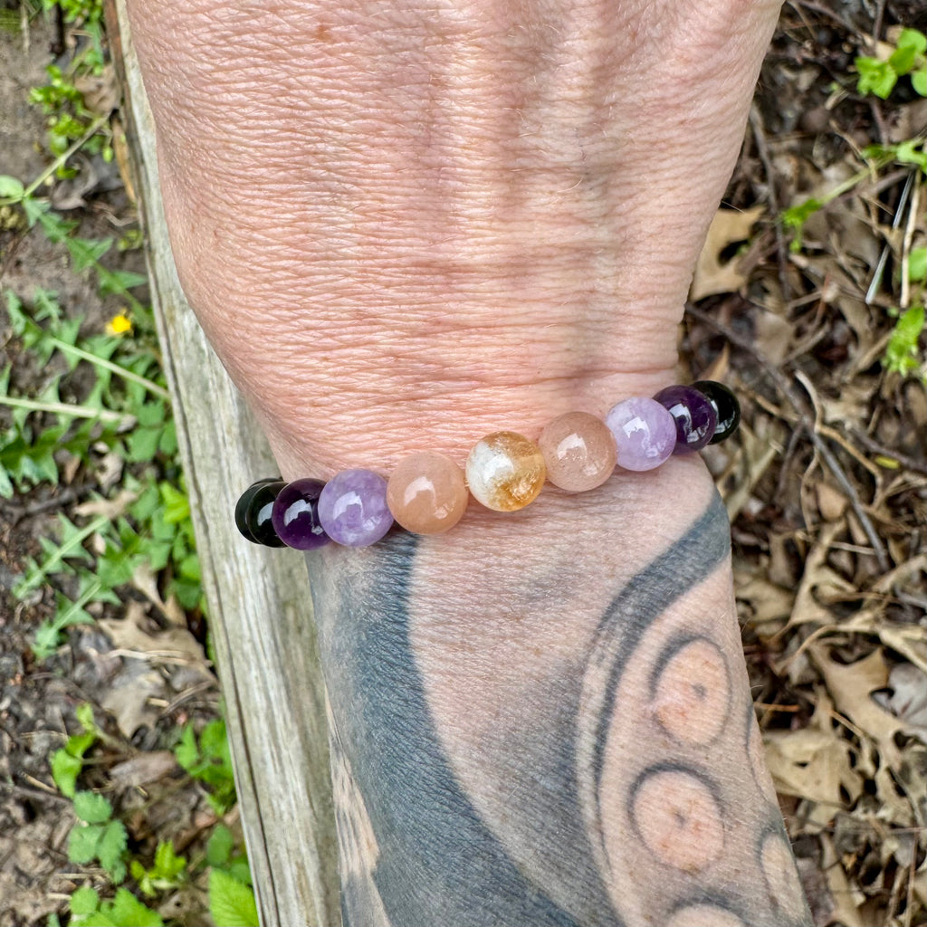 The Intuitive Cancer • Amethyst, Peach Moonstone & Black Tourmaline Zodiac Bracelet
