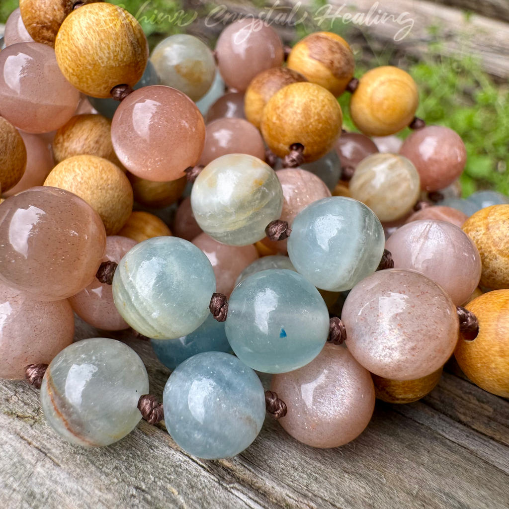 Goddess of the Ancient Sea • Lemurian Aquatine Calcite, Moonstone & Palo Santo Mala Necklace