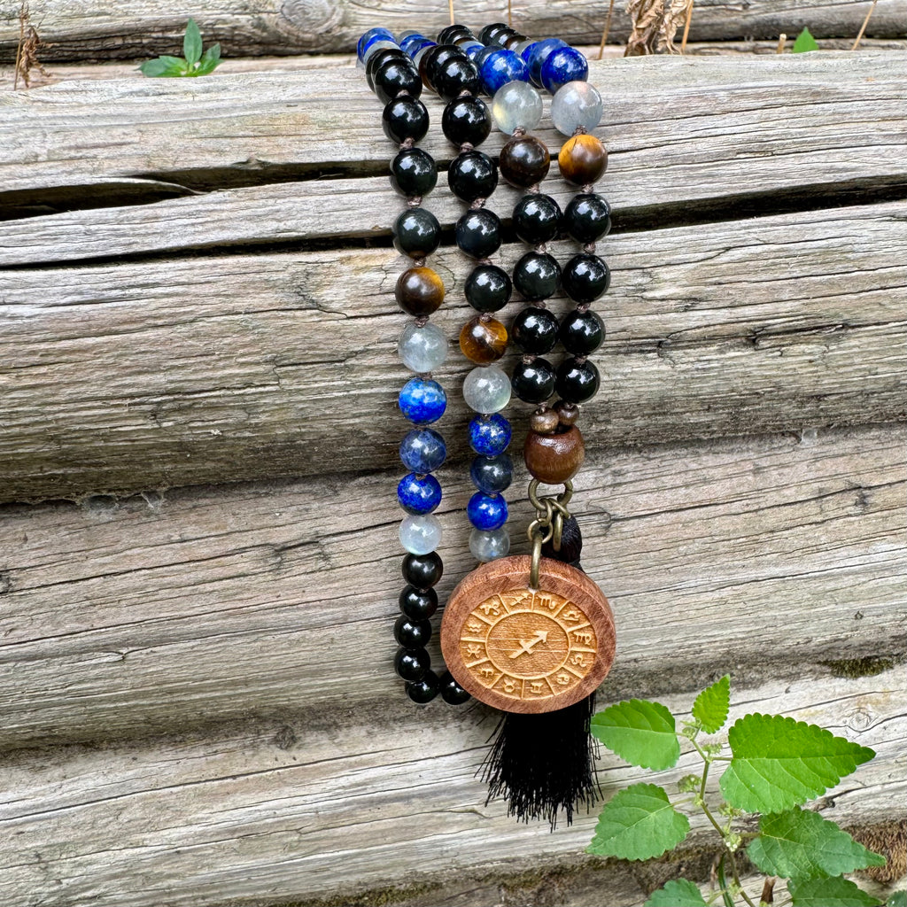 The Optimistic Sagittarius • Labradorite, Lapis & Tiger’s Eye Zodiac Mala Necklace