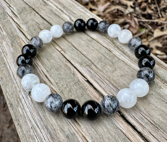 Spiritual Growth - Divine Feminine " Goddess Of The Moon " Empath - Lightworker - AAA Black Rutile - Tourmaline - Moonstone Crystal Bracelet