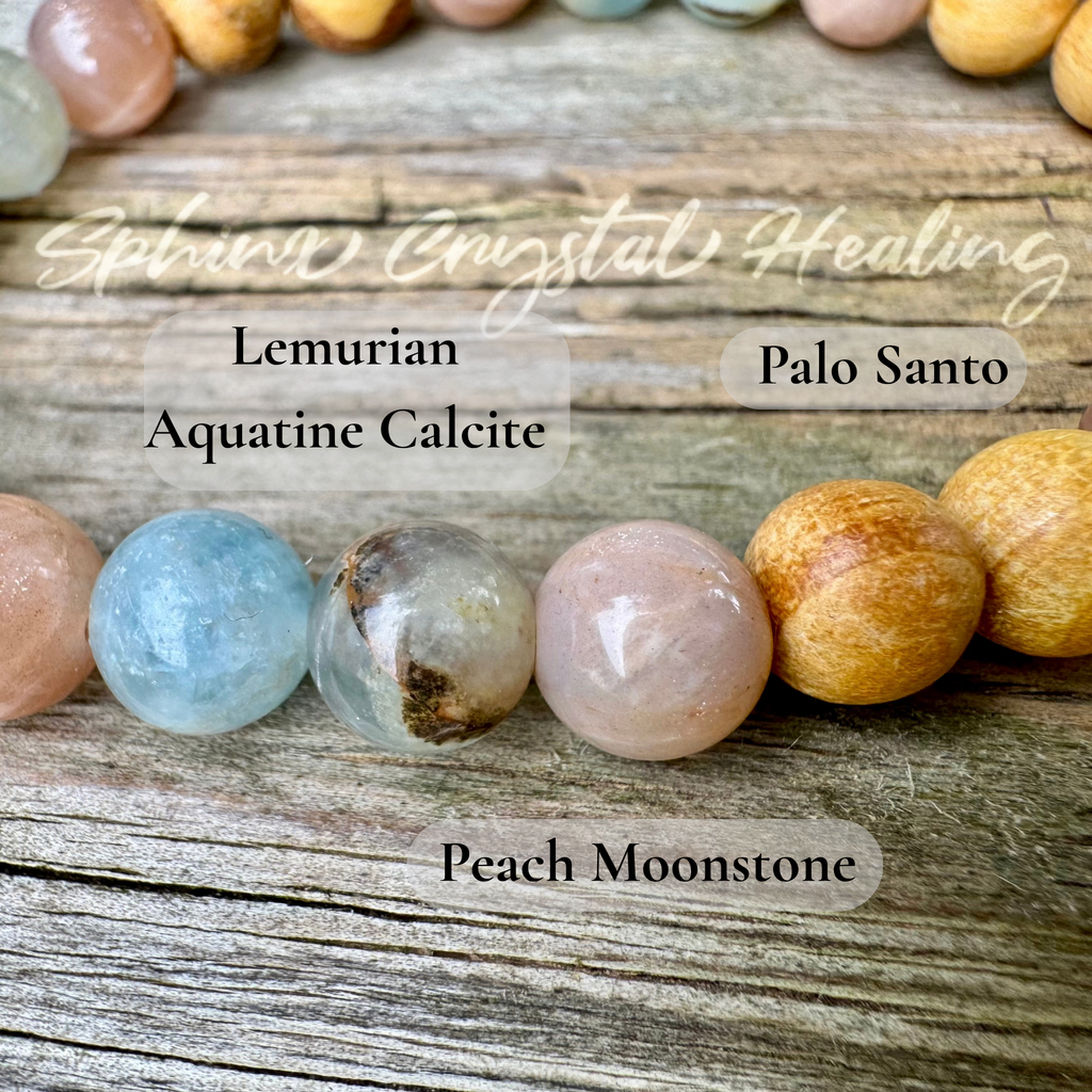 Goddess of the Ancient Sea • Lemurian Aquatine Calcite, Moonstone & Palo Santo Intuition Bracelet