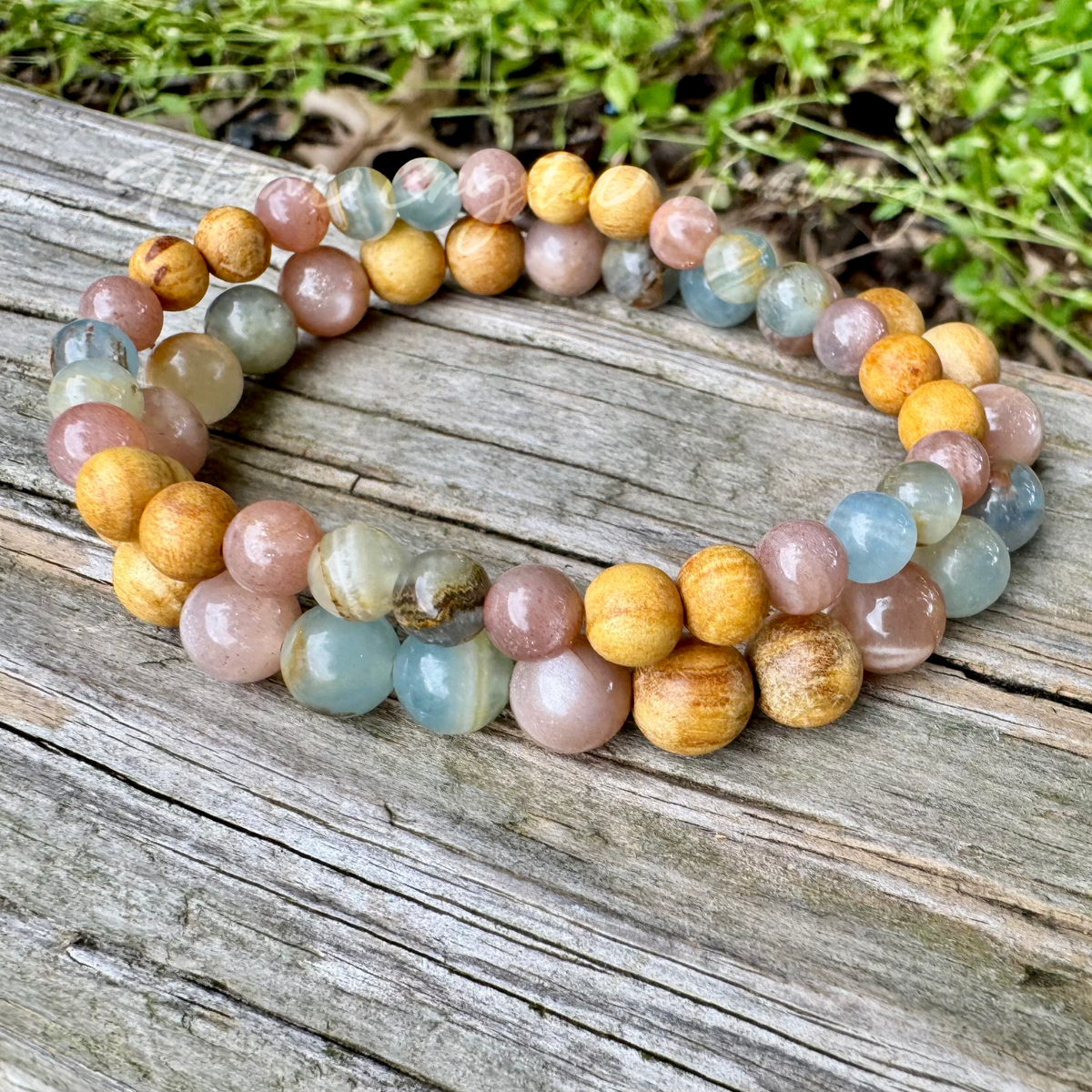 Goddess of the Ancient Sea • Lemurian Aquatine Calcite, Moonstone & Palo Santo Intuition Bracelet