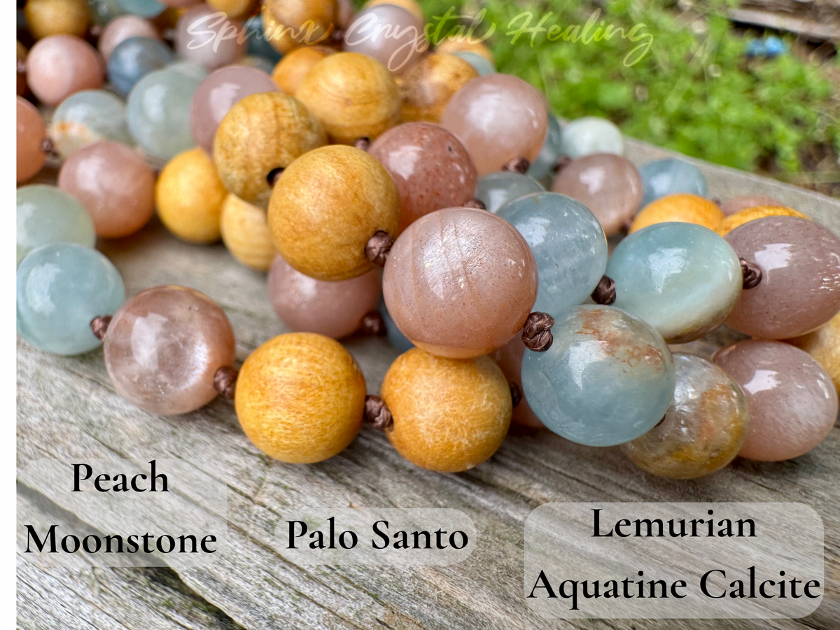 Goddess of the Ancient Sea • Lemurian Aquatine Calcite, Moonstone & Palo Santo Mala Necklace