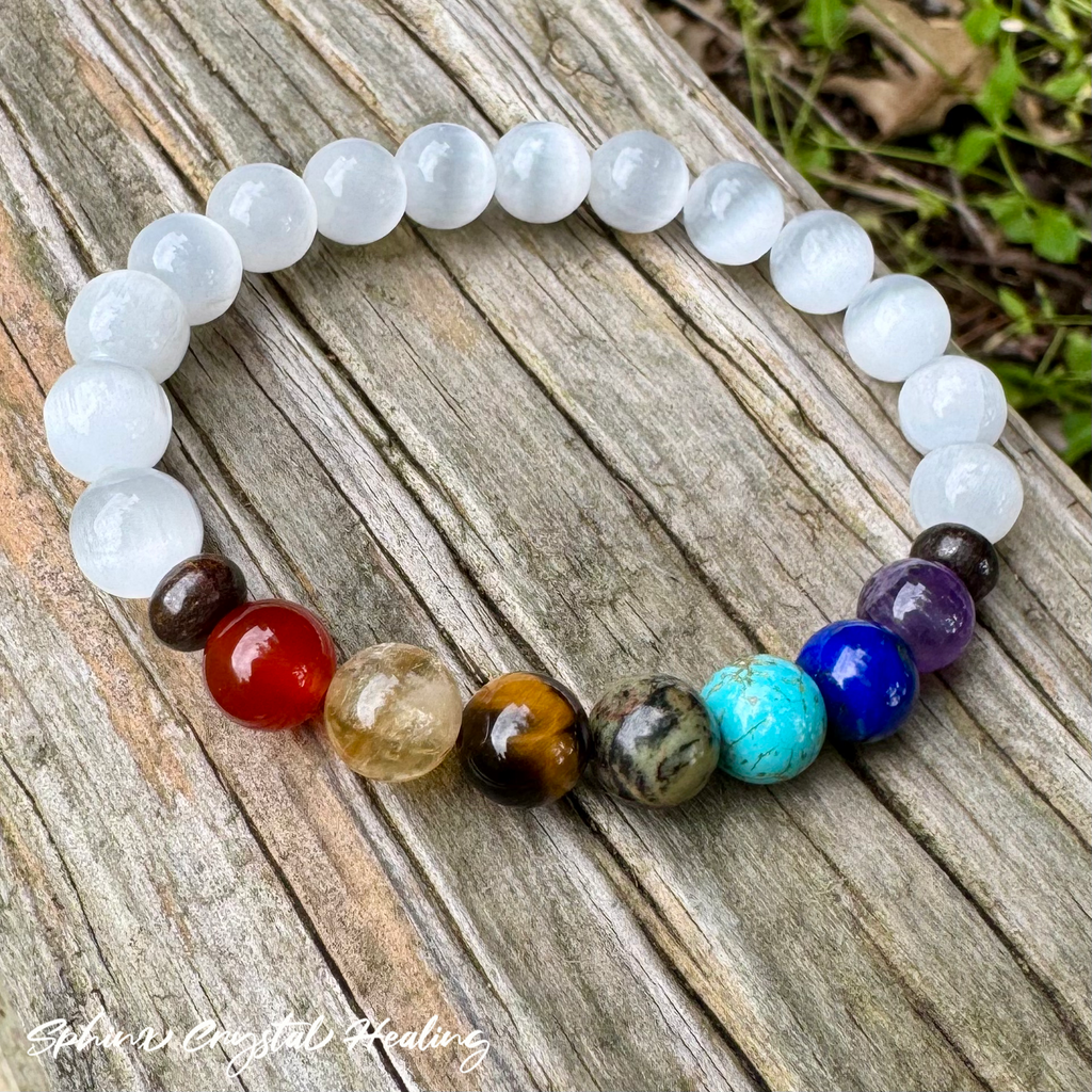Chakra Alignment • Selenite, Bronzite & Seven Crystal Protection Bracelet