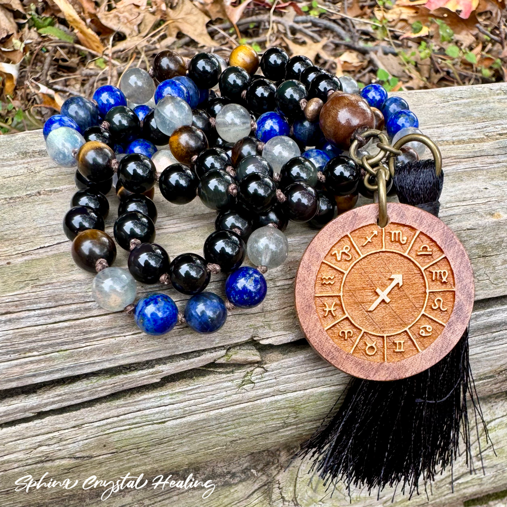 The Optimistic Sagittarius • Labradorite, Lapis & Tiger’s Eye Zodiac Mala Necklace