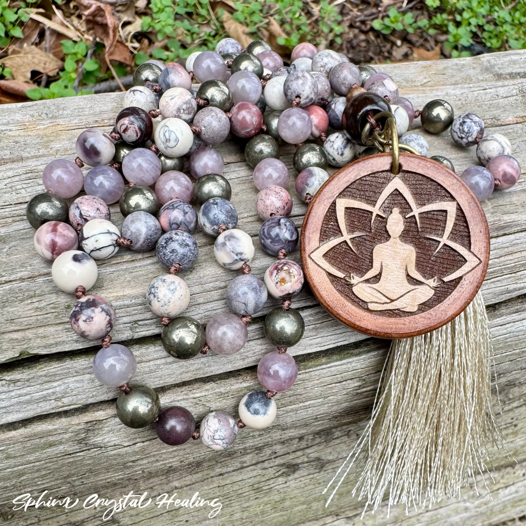 The Four Noble Truths • Porcelain Jasper, Rose Quartz & Pyrite Buddhist Mala Necklace