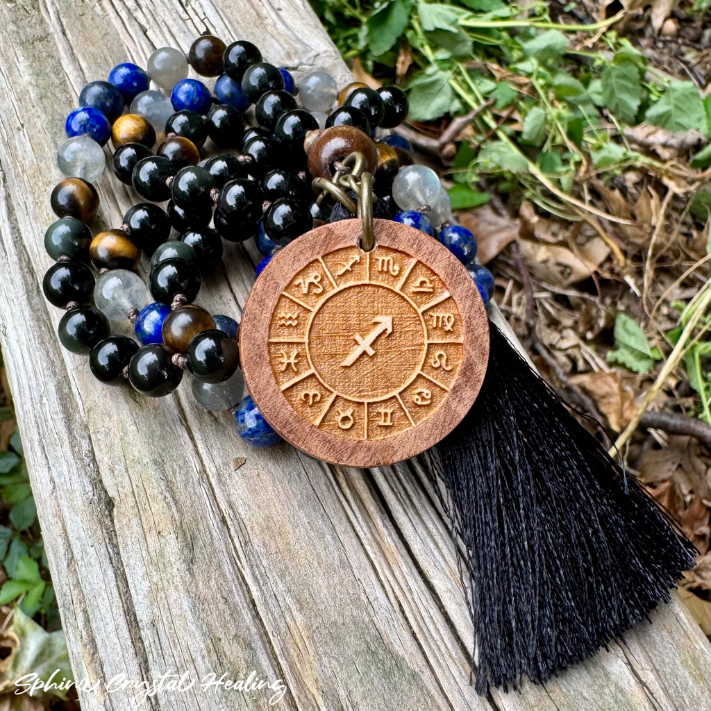 The Optimistic Sagittarius • Labradorite, Lapis & Tiger’s Eye Zodiac Mala Necklace