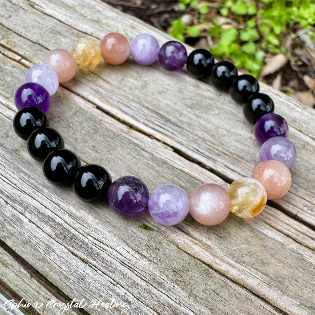 The Intuitive Cancer • Amethyst, Peach Moonstone & Black Tourmaline Zodiac Bracelet