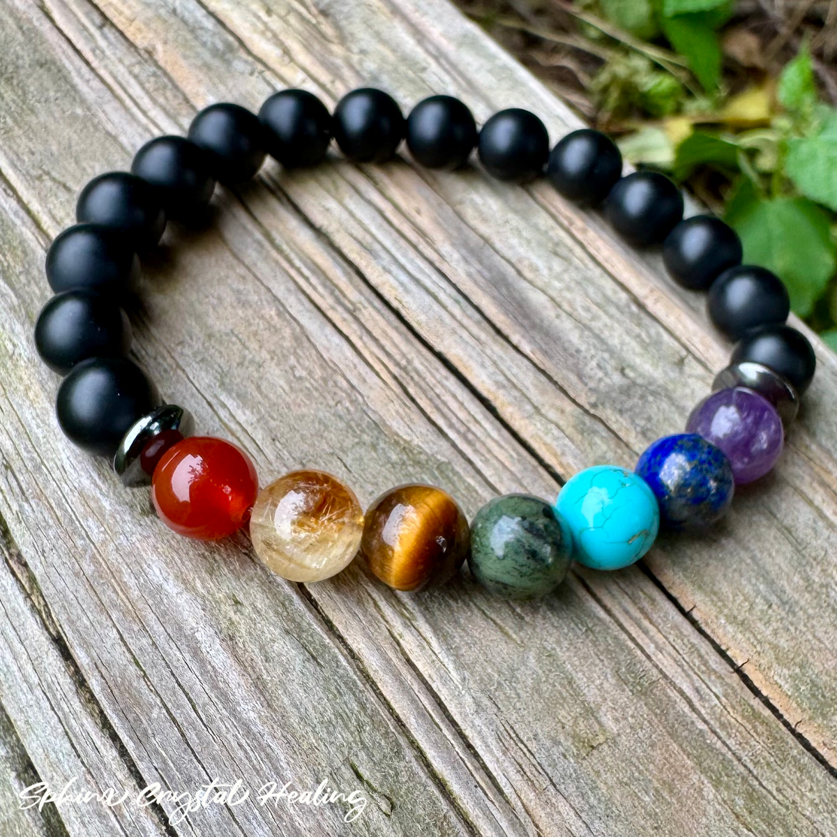 Chakra Protection & Grounding Bracelet • Black Onyx, Hematite & Seven Chakra Crystals