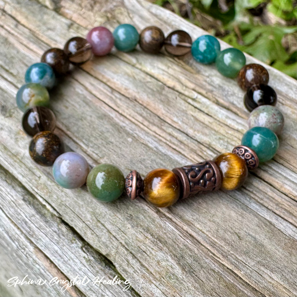 The Sagacious Mind • Indian Agate, Smoky Quartz, Bronzite & Tigers Eye Grounding Bracelet