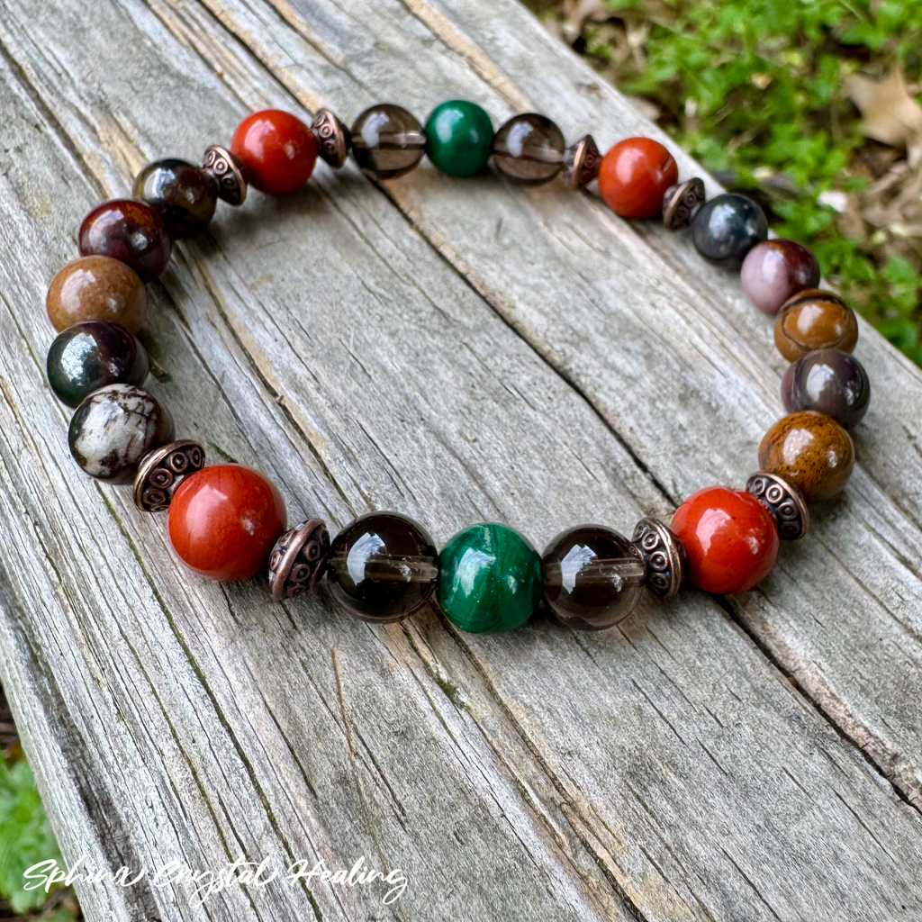 The Strength of Terra • Malachite, Red Jasper, Smoky Quartz & Tiger Iron Protection Bracelet