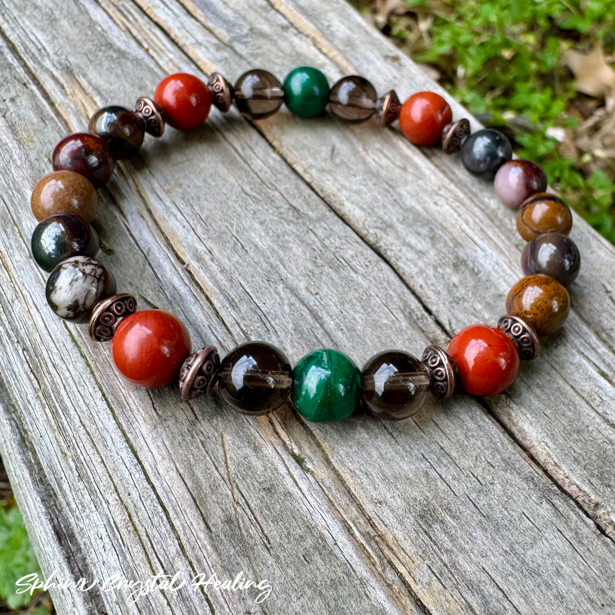 The Strength of Terra • Malachite, Red Jasper, Smoky Quartz & Tiger Iron Protection Bracelet
