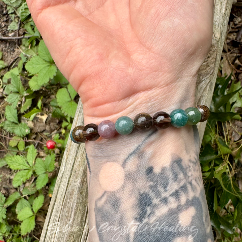 The Sagacious Mind • Indian Agate, Smoky Quartz, Bronzite & Tigers Eye Grounding Bracelet