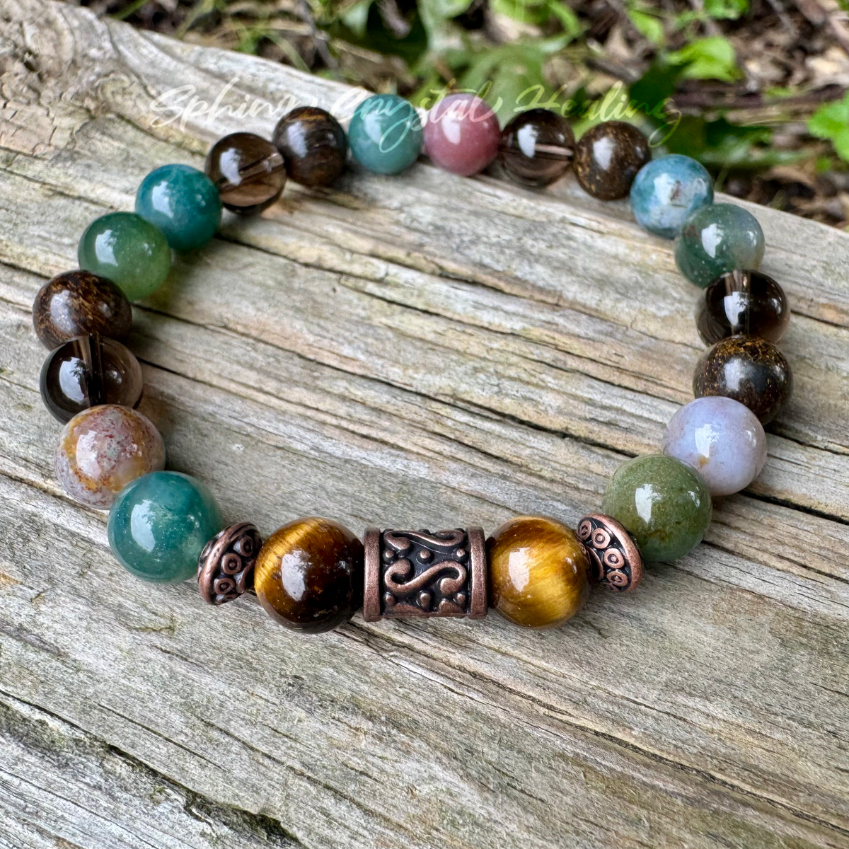 The Sagacious Mind • Indian Agate, Smoky Quartz, Bronzite & Tigers Eye Grounding Bracelet